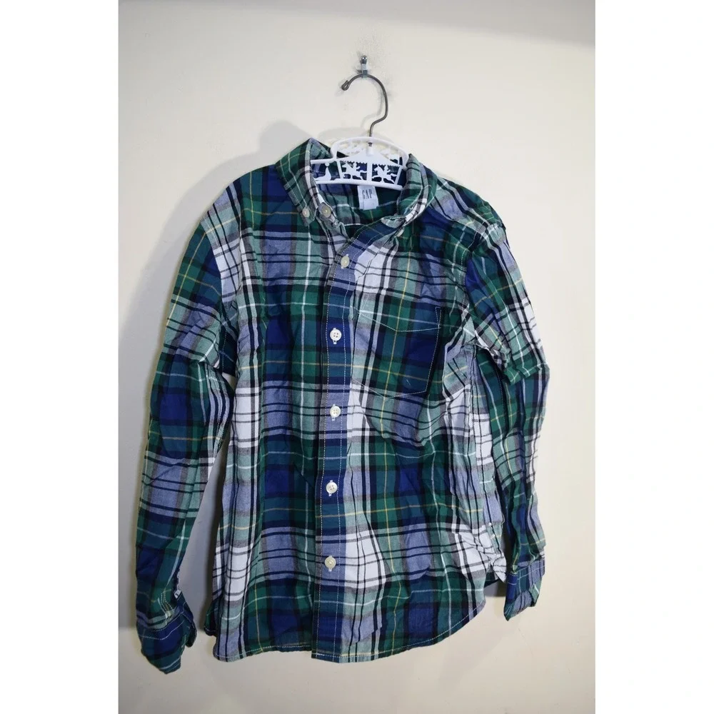 Gap Kids Blue Green White Check Plaid Long Sleeve Button Down Shirt BOYS 8 M